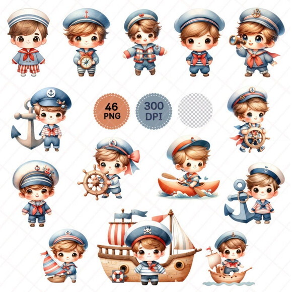 Kit Digital Marinheiro Cute Aquarela | Little Sailor Boy