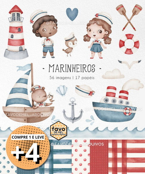 Kit Digital Marinheiros Aquarela (pague 1 Leve +4)