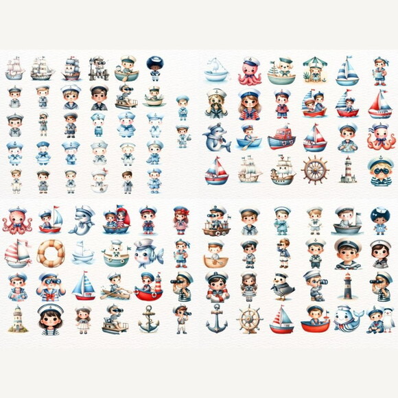 Kit Digital Marinheiros Cute Aquarela - Menino e Menina Nca