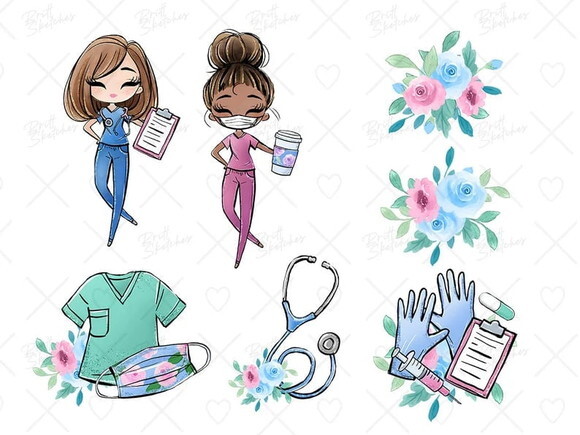 Kit Digital Médica Enfermeira Aquarela - Nurses