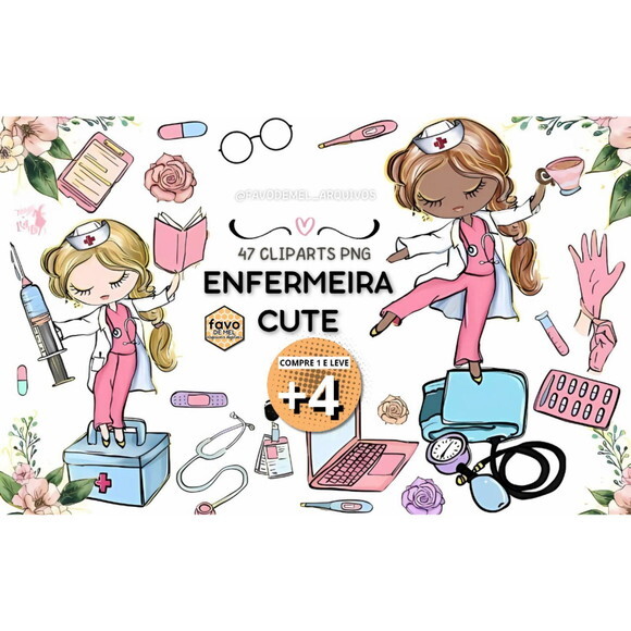 Kit Digital Médica Enfermeira Aquarela Cute