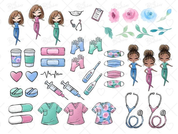 Kit Digital Médica Enfermeira Aquarela - Nurses