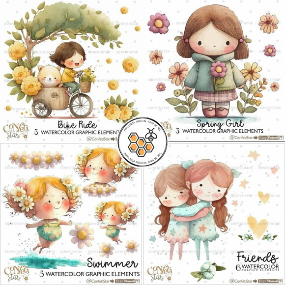 Kit Digital Meninas Aquarela Confeti (combo 4 Kits)