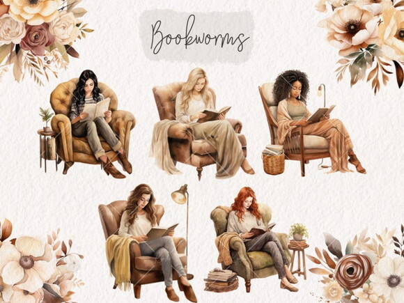 Kit Digital Meninas Livros Leitura Aquarela - Bookworms