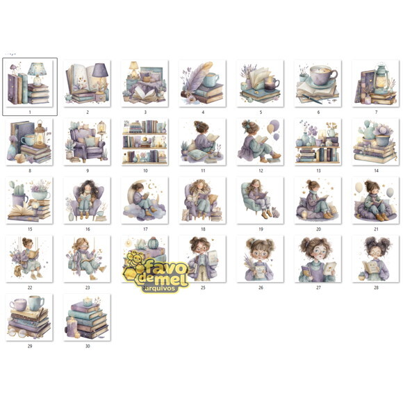 Kit Digital Meninas e Livros - Amantes da Leitura Aquarela