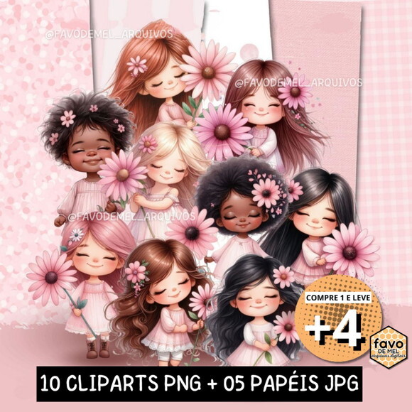 Kit Digital Menininhas Cute Flores Rosa Aquarela
