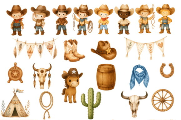 Kit Digital Menino Cowboy Aquarela Png Premium #17