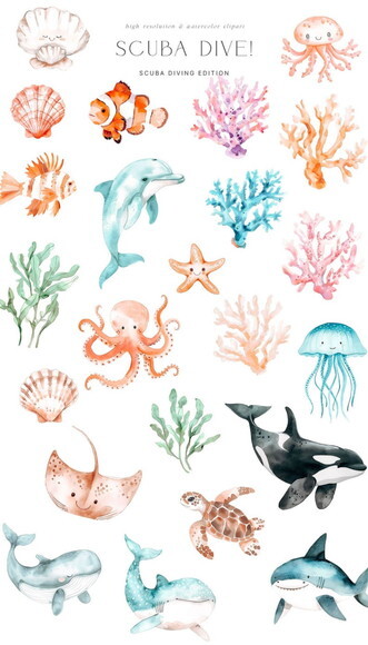 Kit Digital Mergulho Aquarela - Fundo do Mar 20 (paa)