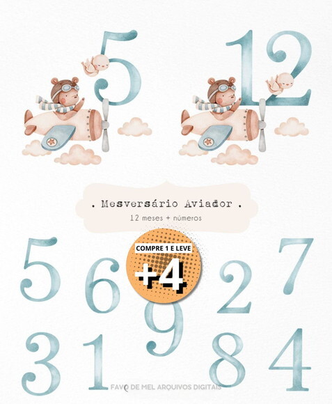 Kit Digital Mesversário Aviador - Ursinho Aviador Aquarela