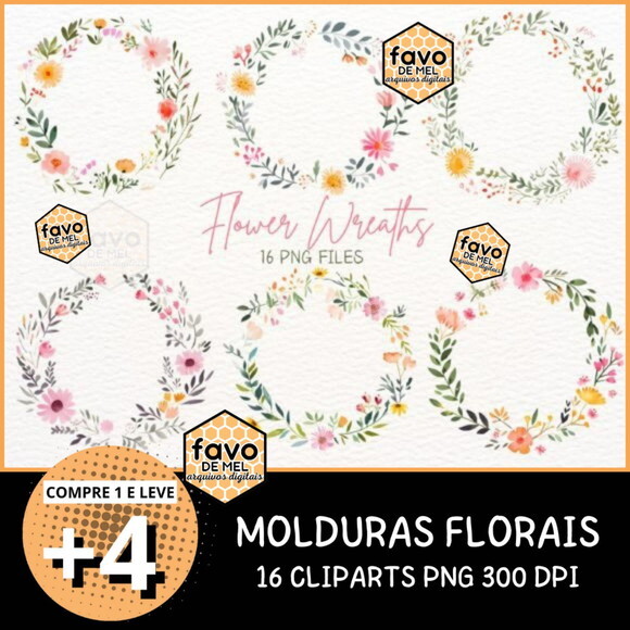 Kit Digital Molduras Florais Aquarela | Guirlanda Floral