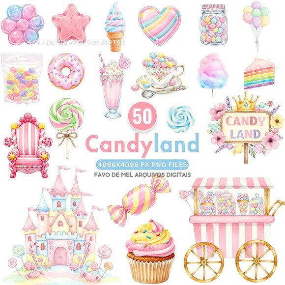 Kit Digital Mundo Doce #10 Candyland Aquarela Png Premium