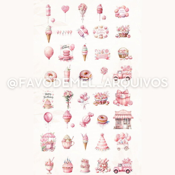 Kit Digital Mundo Doce #5 Confeitaria Rosa Aquarela Png