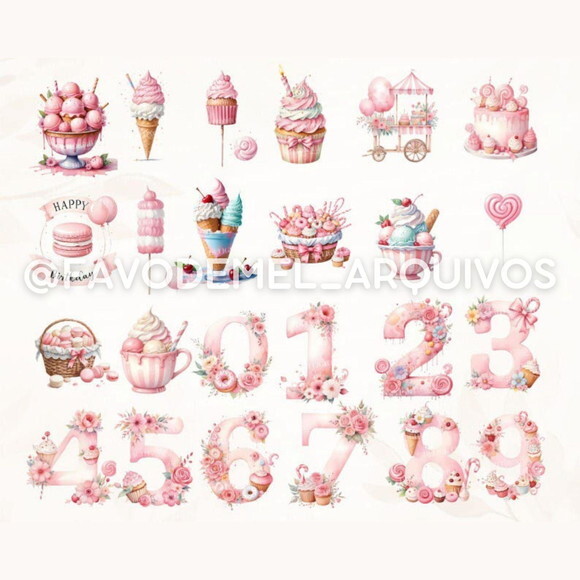 Kit Digital Mundo Doce #5 Confeitaria Rosa Aquarela Png