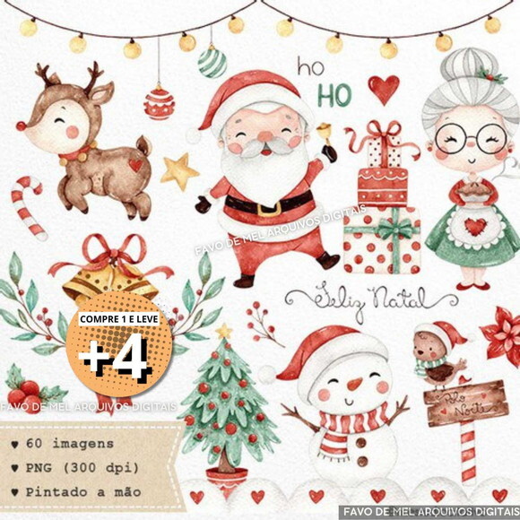 Kit Digital Natal Aquarela #01 Doce Natal (pague 1 Leve +4)