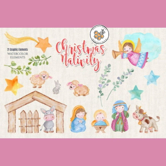Kit Digital Natal Cristão Aquarela - Christmas Nativity