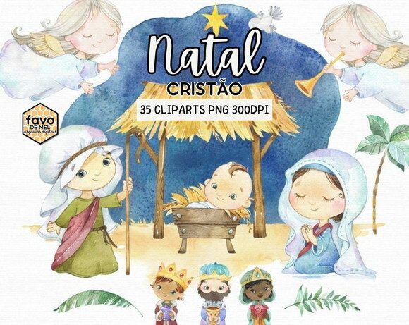 Kit Digital Natal Cristão Aquarela - Nativity Christmas (sj)