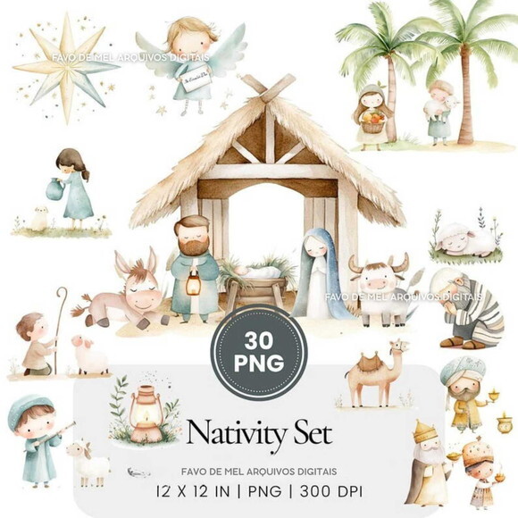 Kit Digital Natal Cristão Aquarela #34 Natividade Png