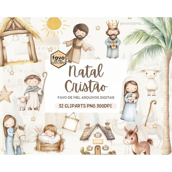Kit Digital Natal Cristão Cute Aquarela - Nativity