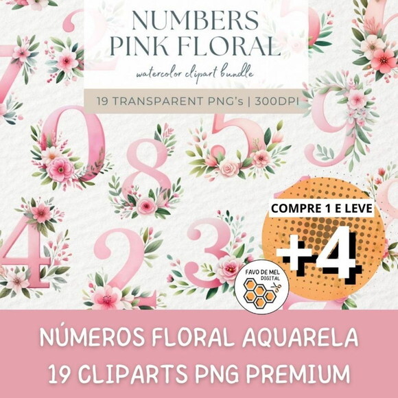 Kit Digital Números Floral Rosa Aquarela Premium