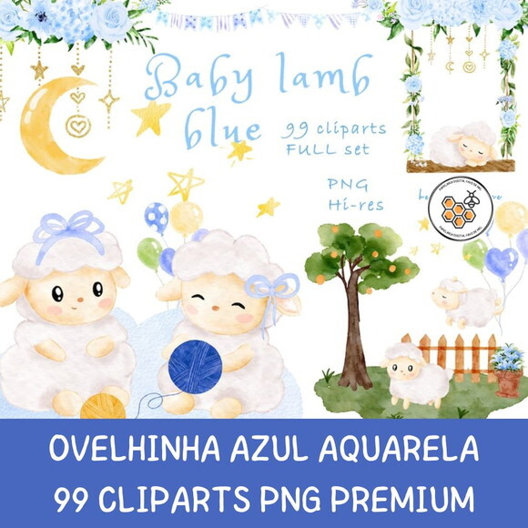 Kit Digital Ovelhinha Azul Aquarela Premium - Baby Lamb Blue