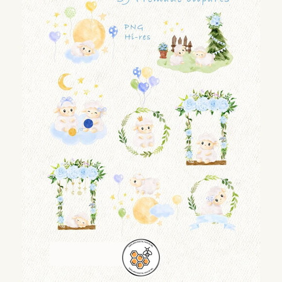 Kit Digital Ovelhinha Azul Aquarela Premium - Baby Lamb Blue