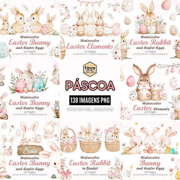 Kit Digital Páscoa Aquarela Coelhinhos - Super Pack 138 Png