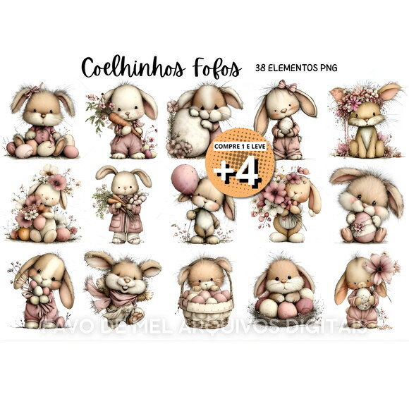 Kit Digital Páscoa Aquarela Coelhinhos Png #3