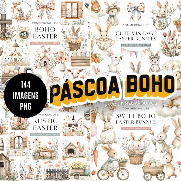 Kit Digital Páscoa Boho Aquarela - Combo 4 Kits Png Premium