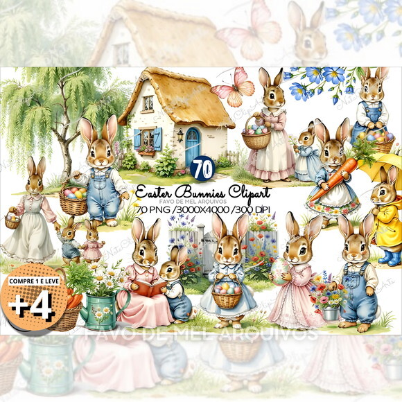Kit Digital Páscoa Coelhinhos Vintage #15 Png