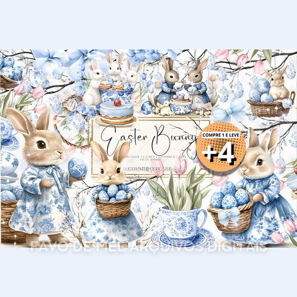 Kit Digital Páscoa Rústica Aquarela Provençal Toile Png #3