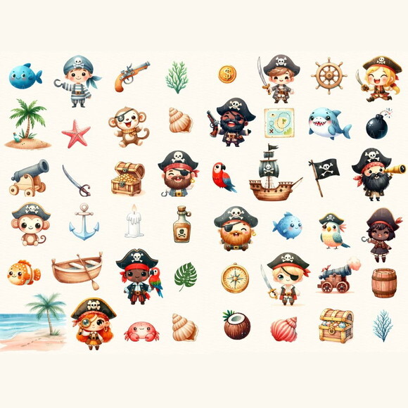 Kit Digital Pirata Cute Aquarela Premium - Pirate Adventure