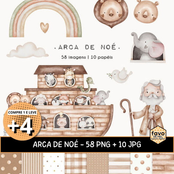 Kit Digital Png Arca de Noé Aquarela 04 (pague 1 Leve +4)