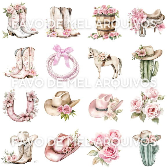Kit Digital Png Boiadeira Rosa Aquarela (pague 1 Leve 5)