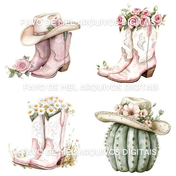 Kit Digital Png Boiadeira Rosa Aquarela (pague 1 Leve 5)