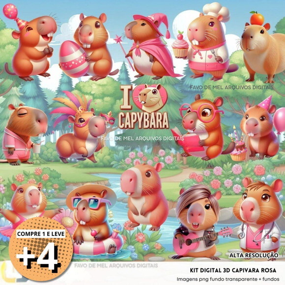 Kit Digital Png Capivara Rosa 3d (pague 1 Leve +4)