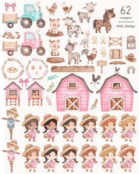 Kit Digital Png Fazendinha Rosa Aquarela 02 -pague 1 Leve +4