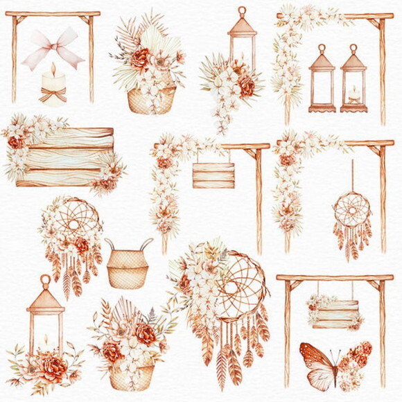 Kit Digital Png Floral Boho Aquarela 01
