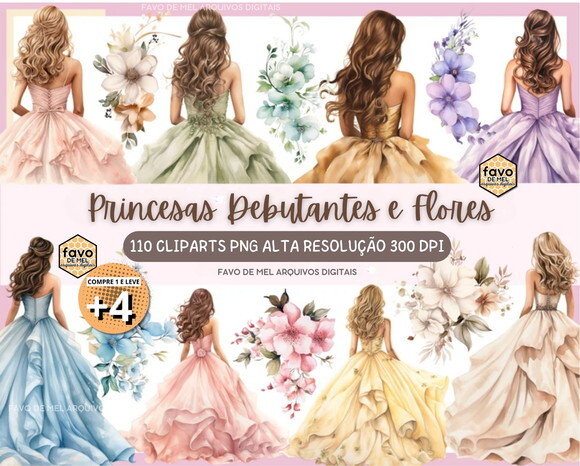Kit Digital Png Princesas Debutantes 15 Anos Flores Aquarela
