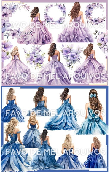Kit Digital Png Princesas Debutantes 15 Anos Flores Aquarela