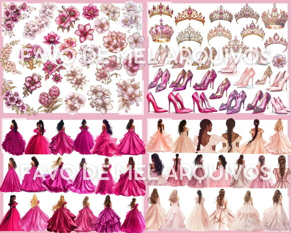 Kit Digital Png Princesas Debutantes Vestido Pink