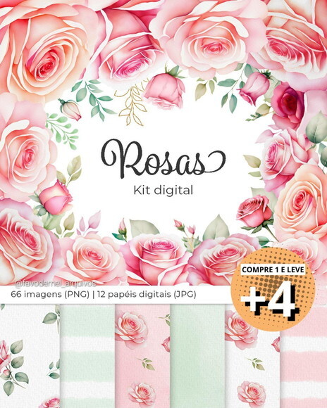 Kit Digital Png Rosas Aquarela 01 (pague 1 Leve +4)