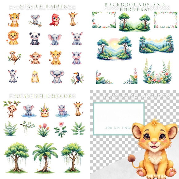 Kit Digital Png Safari Baby Aquarela 09 (pague 1 Leve +4)