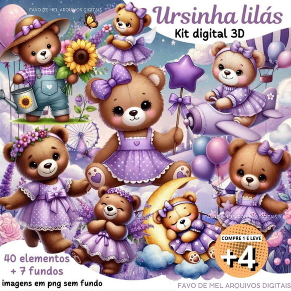 Kit Digital Png Ursinha Lilás 3d (pague 1 Leve +4)