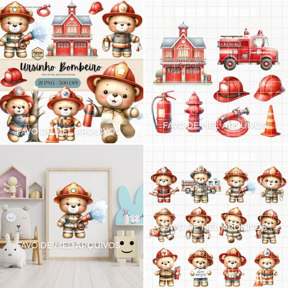 Kit Digital Png Ursinho Bombeiro Aquarela Premium