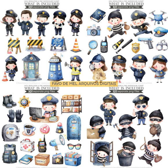 Kit Digital Policial Cute Aquarela #06 Png