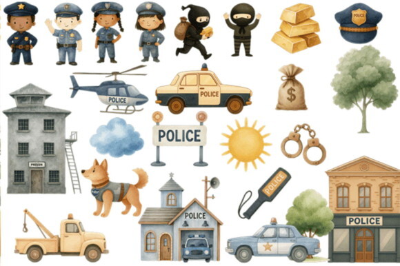 Kit Digital Policial Cute Aquarela 05 (pague 1 Leve +4)