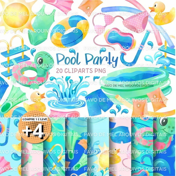 Kit Digital Pool Party - Elementos Png e Papéis Digitais Jpg