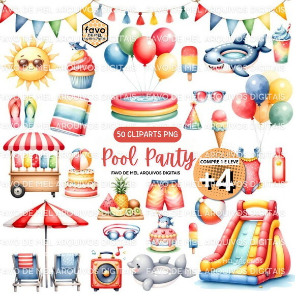 Kit Digital Pool Party Aquarela - Festa na Piscina Aquarela
