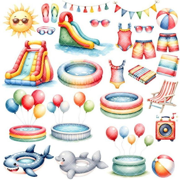 Kit Digital Pool Party Aquarela - Festa na Piscina Aquarela