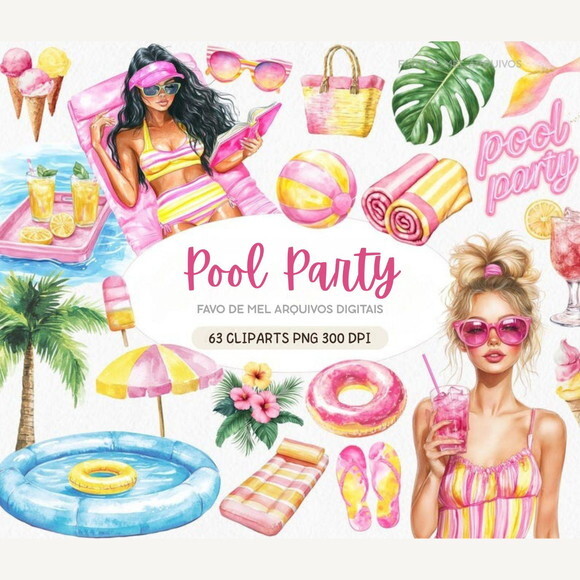 Kit Digital Pool Party Aquarela -tardezinha Aquarela Premium